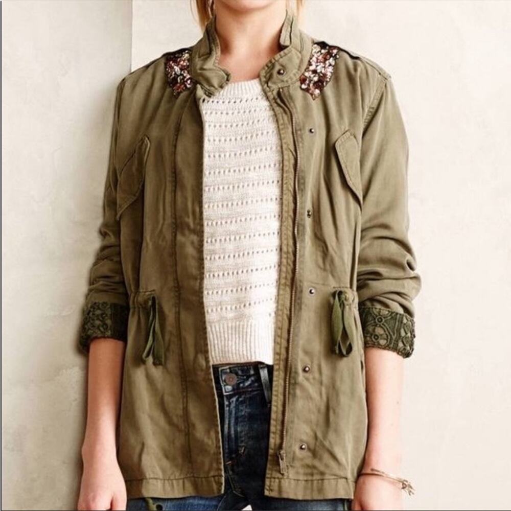 Anthropologie Hei Hei Green Jeweled Anorak Utility Jacket Tencel Lyocell Small